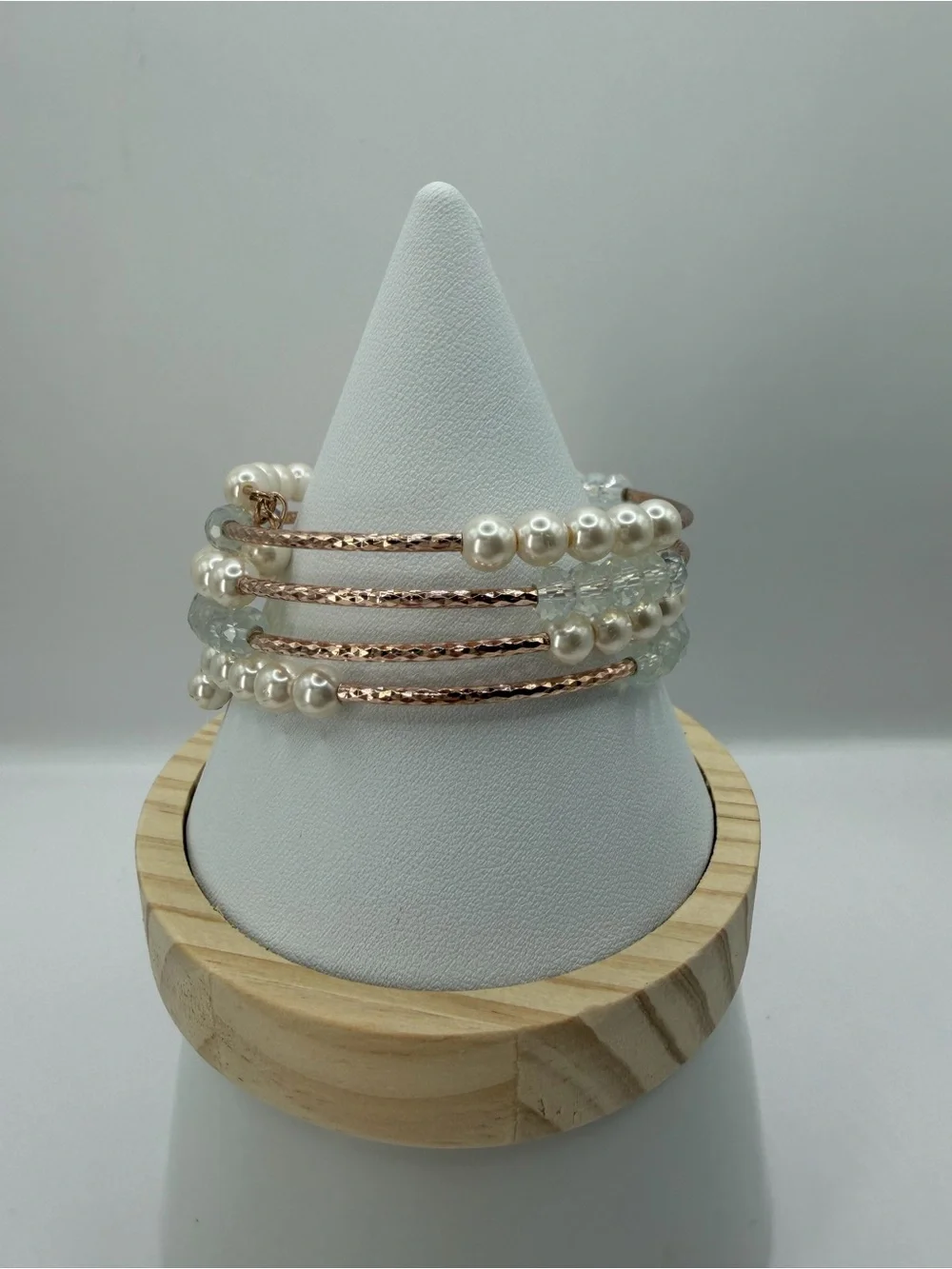 Faux Pearl Wrap Coil Bracelet | Rose Gold Multi-Strand Memory Wire